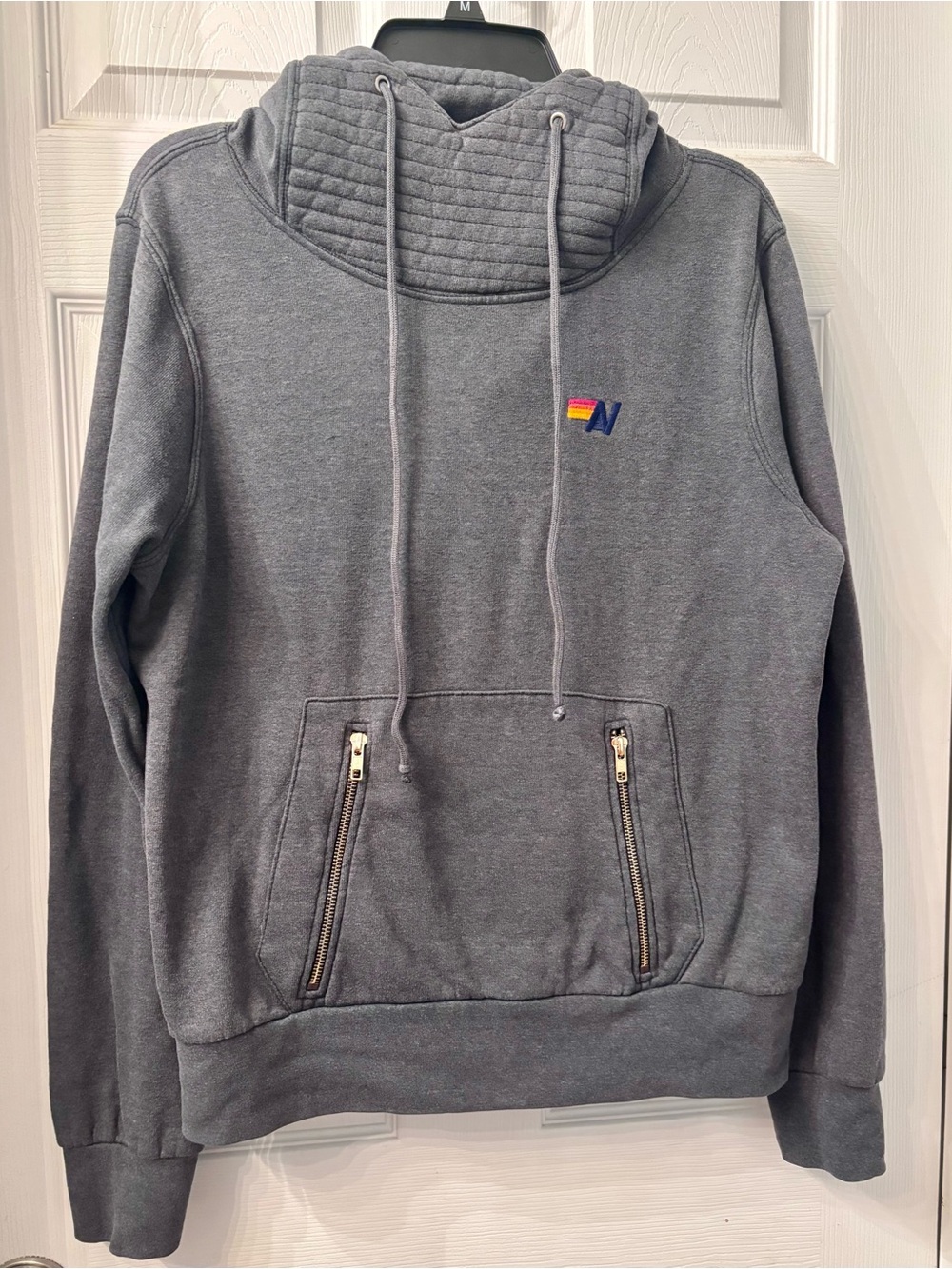 Aviation Nation Gray Quilted Neck Pullover Hoodie Sweater
